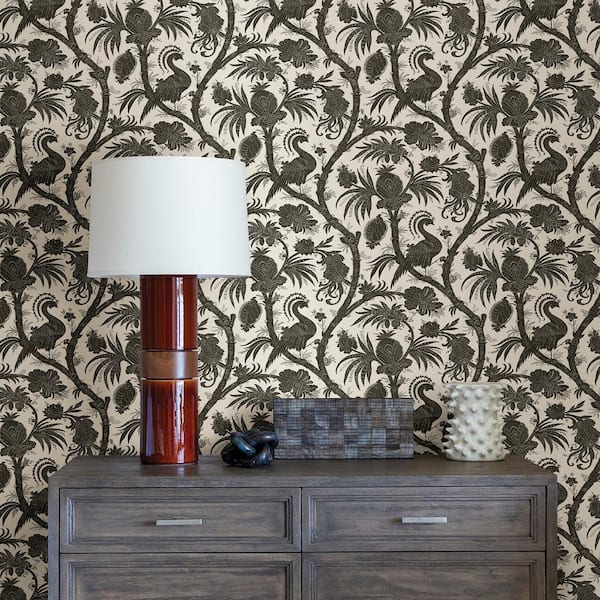 Charcoal Balinese Peacock Self Adhesive Wallpaper Sample