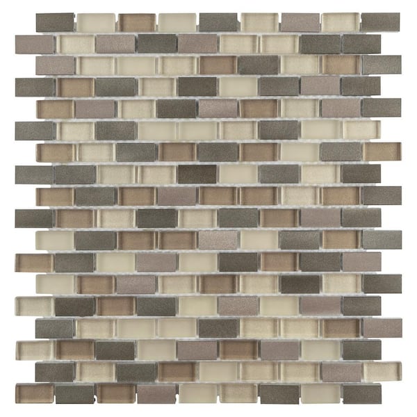 Merola Tile Fusion Mini Subway Amador 11-1/4 in. x 12 in. x 6 mm Brushed Aluminum and Glass Mosaic Tile