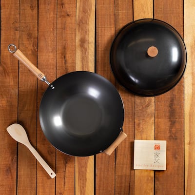 Joyce Chen 4-Piece Wok Set with Black Carbon Steel Non-Stick Wok, High Dome Lid, 12" Bamboo Spatula, and Recipe Booklet