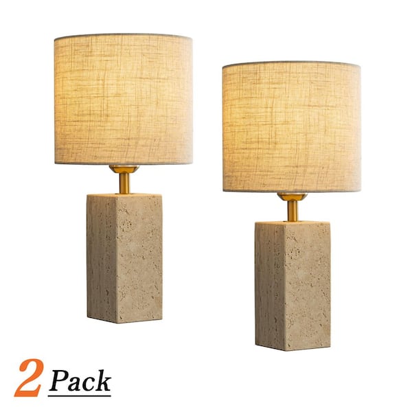 16 in. Natural Travertine Stone Base Bedside Table Lamp Rectangular Nightstand Lamp with Beige Linen Shade (2 Pack)