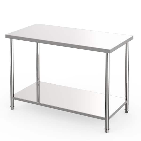 2-Tier Stainless Steel Commercial Prep Table Adjustable Undershelf, Durable Work Table 48x24x35 in Without casters