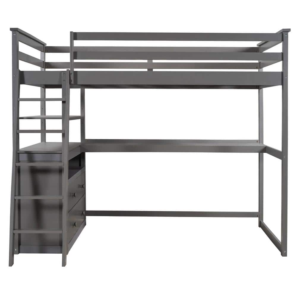 Angel Sar Gray Wood Twin Size Loft Bed With Desk And Shelves Cabinet With 2 Built In Drawers Sqw0803aae The Home Depot