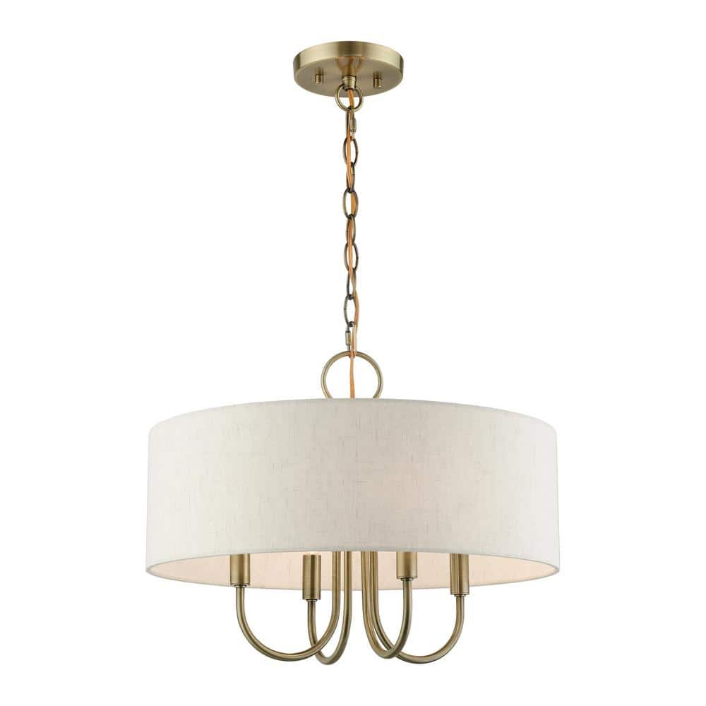 Elegant Antique Brass Drum Pendant Chandelier with Oatmeal Shade