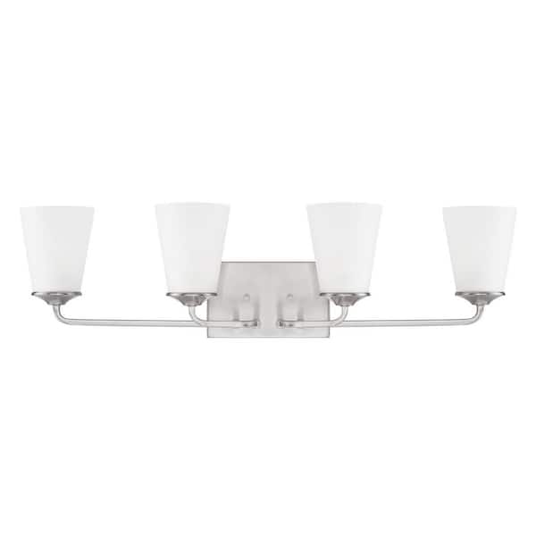 31 in. W x 8 in. H x 7 in. E 4-Light Vanity Light in Brushed Nickel with Soft White Glass Shade
