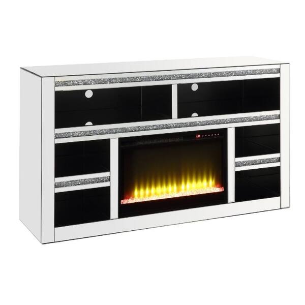 Benjara 59 in. Silver Wood TV Stand Fits TVs up to 65 in. in. with Timer Fireplace and 6 Compartment