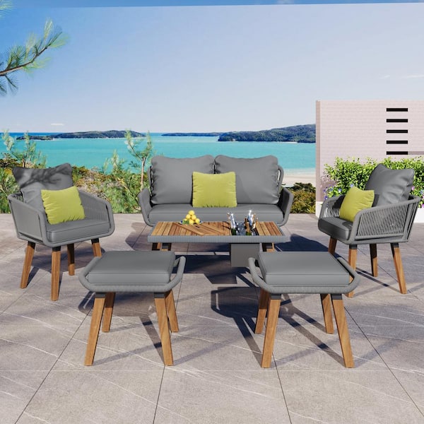 Zeus & Ruta 6-Piece Wood Patio Conversation Set with Wood Cool Bar Table Two Stools and Gray Cushions for Backyard