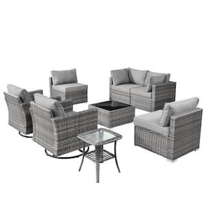 Artemis Gray 8-Piece Wicker Patio Conversation Seating Sofa Set with Dark Gray Cushions and Swivel Rocking Chairs