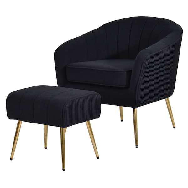 Best Quality Furniture Luisa Black Teddy Fabric Chair And Ottoman Set of 2