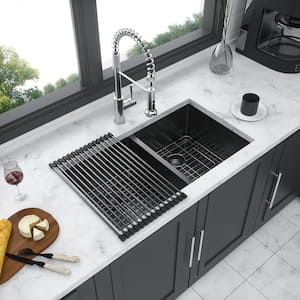 33 in. Undermount Double Bowl 16 Gauge Gunmetal Black Stainless Steel Kitchen Sink with Bottom Grids
