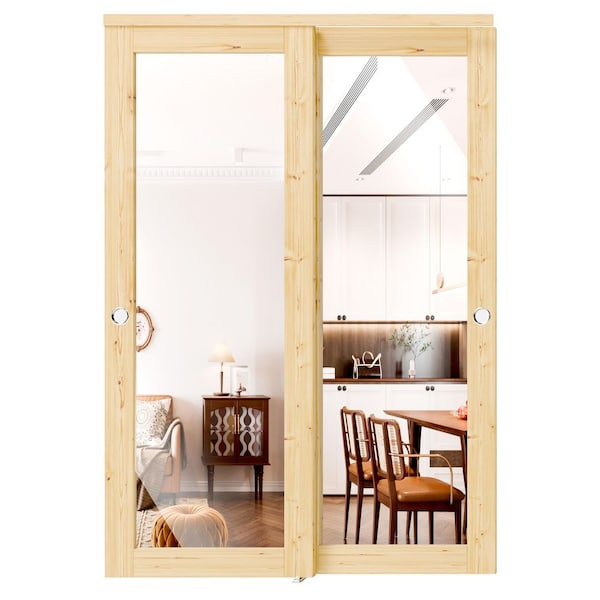 60in x 80in, Light Brown, Solid Pine Wood, Double Full Lite Mirrored Glass Sliding Door with All Hardware