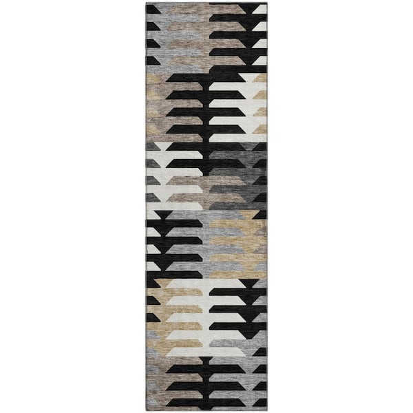 Mayfield Premium Machine Washable Abstract AMF2328 Black 2 ft. x 7 ft. Runner Rug