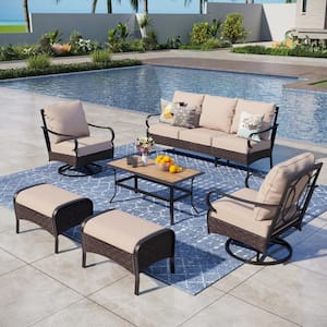 Dark Brown Rattan 7 Seat 6-Piece Steel Outdoor Patio Conversation Set with Beige Cushions, Table with Wood-Grain Top