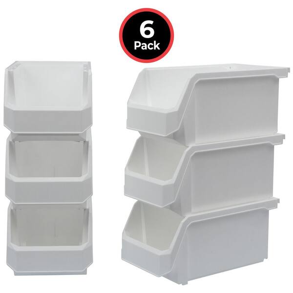 Large 14.75 in. D x 8.25 in. W x 7 in. H White Plastic Stackable Storage Bin Containers for Organizing (6-Pack)