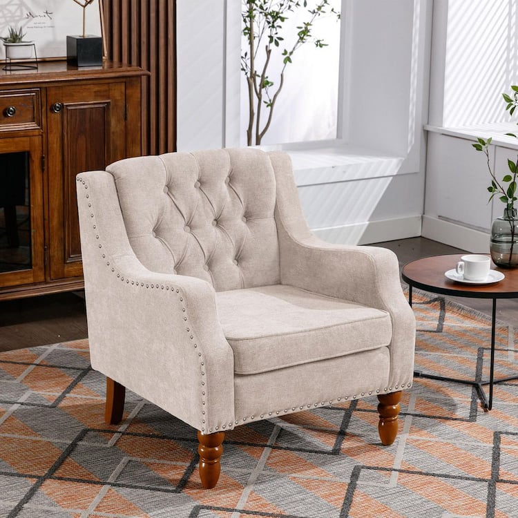 Noble House Valentia Beige Upholstered Linen Accent Chair with Button Tufting, Nailhead Trim, Solid Wood Frame