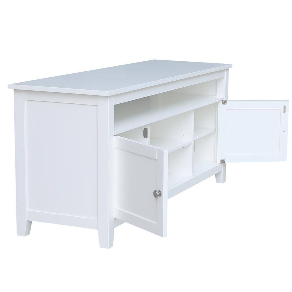 Classic Solid Wood White TV Stand with Open Shelves and Cabinet