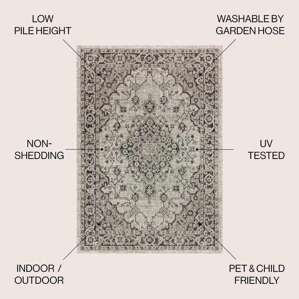 Gray and Black Boho Medallion Textured Weave 5x8 Area Rug