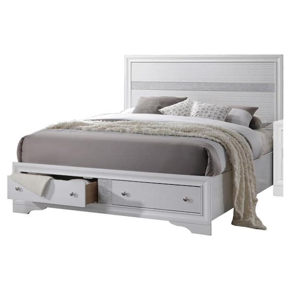 Benjara White Wooden Frame King Platform Bed with Panel Headboard