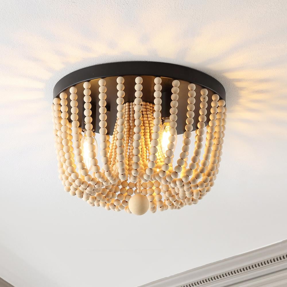 Bronze Bohemian Iron and Wood Bead LED Flush Mount Light