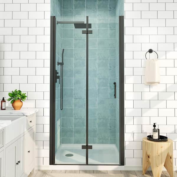 32 to 33-1/4 in. W x 72 in. H Bi-Fold Frameless Shower Doors in Black with Clear Glass