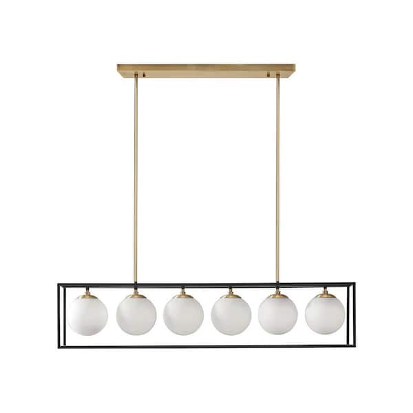 RCCFBHM Light Pro 6 Light Black Linear Chandelier Light with Frosted Glass Globe for Dining Room, No Bulbs Included