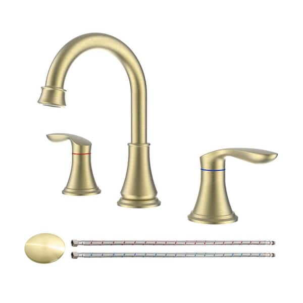 8 in. Widespread Double Handle Bathroom Faucet with Drain Kit Included in Brushed Gold