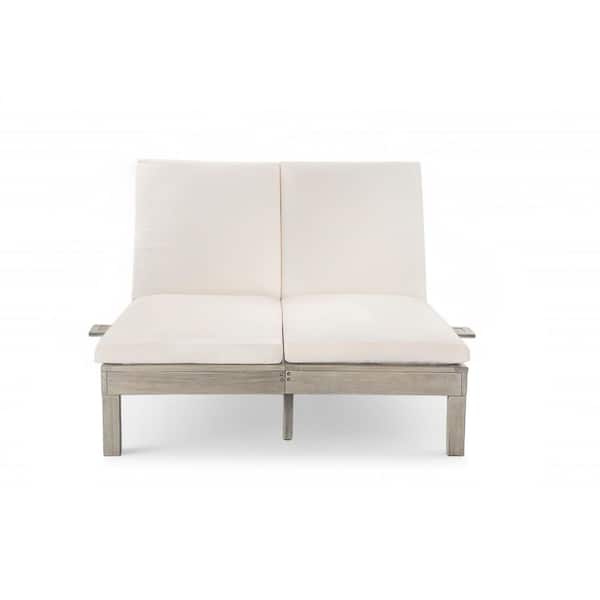 Gray Acacia Wood Outdoor Chaise Lounge with Beige Cushion, 5-Position Backrest and Folding Side Trays