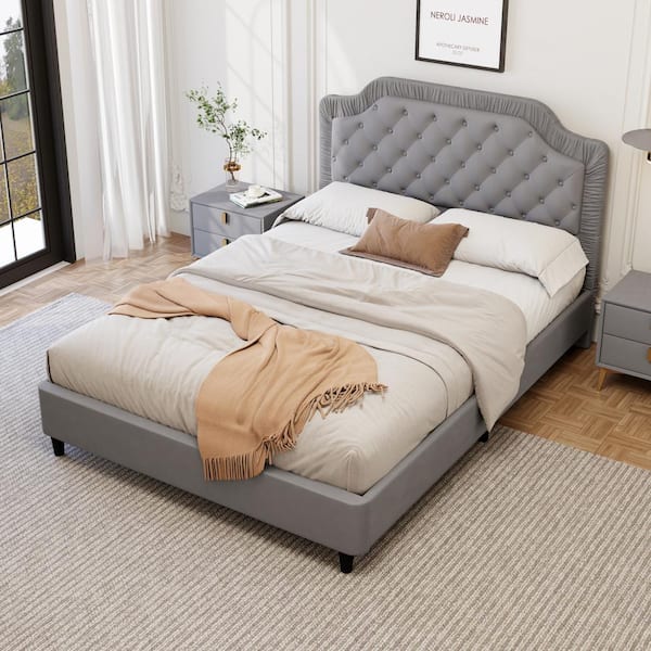 Harper & Bright Designs Gray Wood and Metal Frame Queen Size Ruched and Button Tufted Design Upholstered Velvet Platform Bed