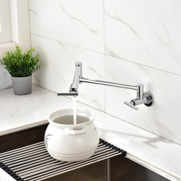 Wall Mounted Pot Filler in Chrome 360 Degrees Double Rotatable Brass 4 Gallons Per Minute Faucets