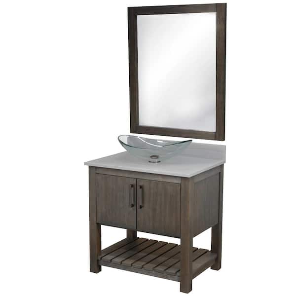 Novatto Ocean Breeze 31 in. W x 22 in. D x 31 in. H Single Sink Bath Vanity in Cafe with Grey Quartz Top, Clear Sink and Mirror