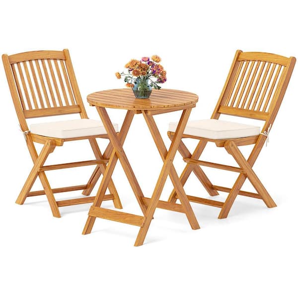 3-Piece Acacia Wood Round Table 18 in. Outdoor Bistro Set with Beige Cushions