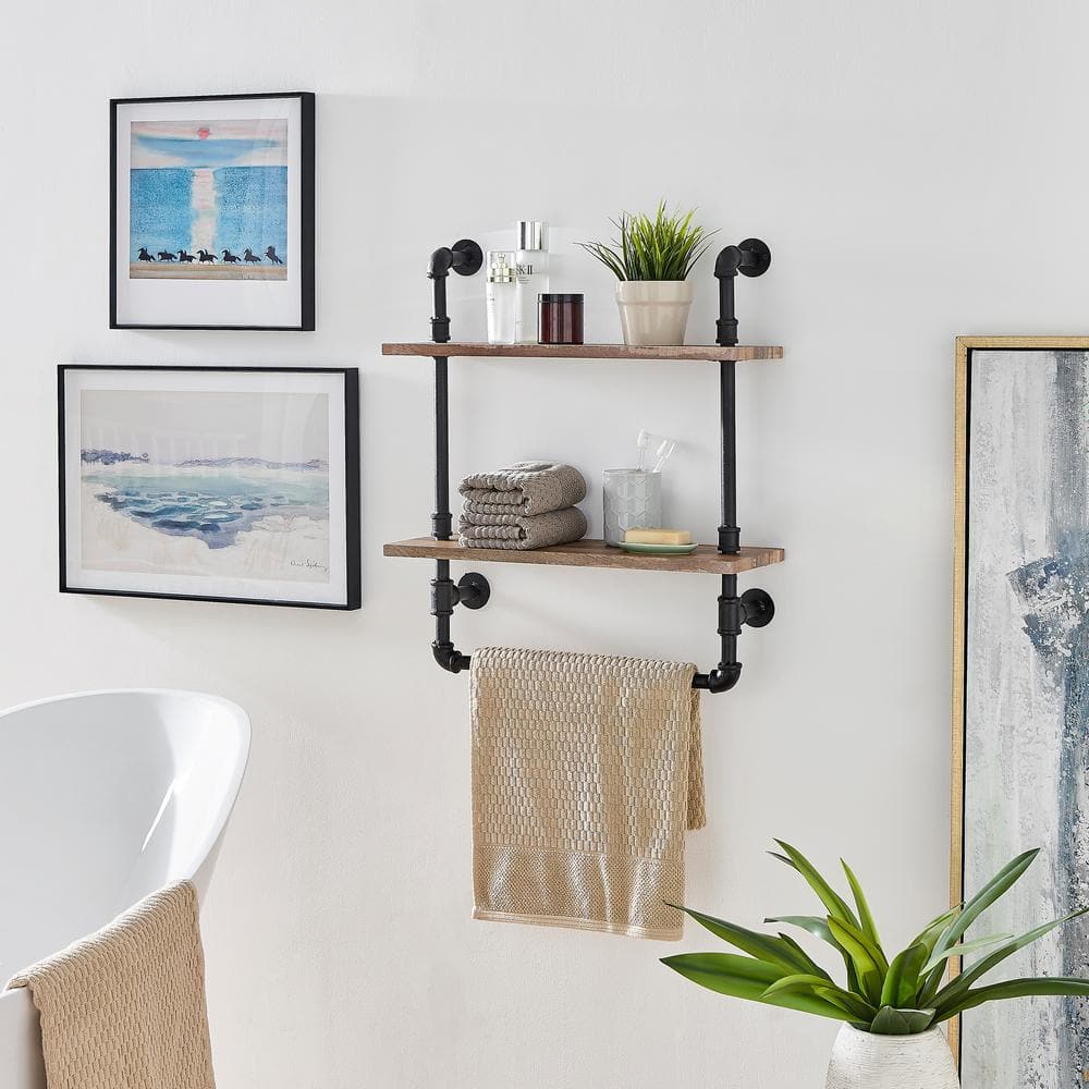 Rustic Brown 28" Iron & Wood Dual Shelf Wall Unit with Towel Rod