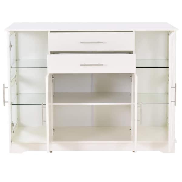 LUCKY ONE Antler White Functional Sideboard Buffet with Tempered Glass Large Storage Space Adjustable Shelves Buffet