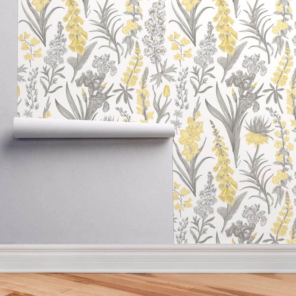 Yellow and Gray Botanical Print Peel and Stick Wallpaper Roll