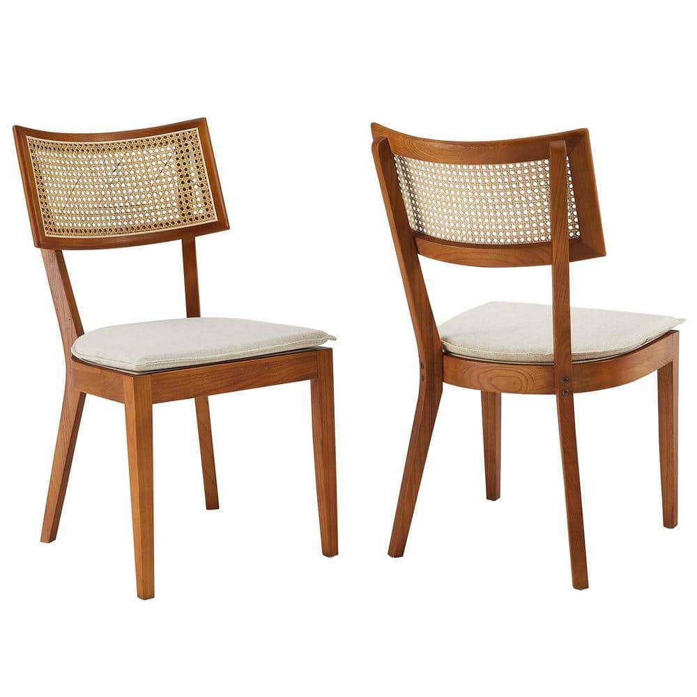 Caledonia Fabric Upholstered Wood Dining Chair Set of 2 in Walnut Beige