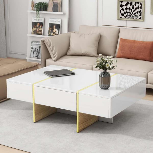 47.2 in. White Rectangle Wood Coffee Table with 2 Drawers, Golden Wood Grain Legs