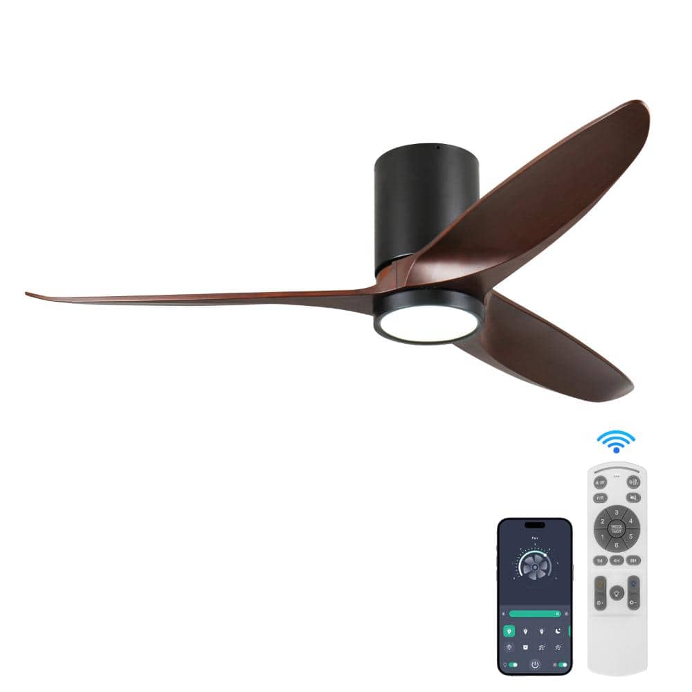 52 in Modern Balck 6 Speeds Brown Standard Flush Mount Ceiling Fan with 3- Color Dimmable LED Light, APP and Remote price history on PriceWatchPro
