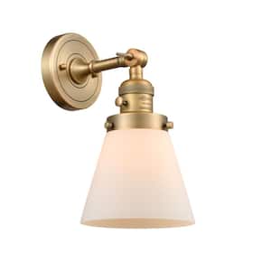 Cone 6.25 in. 1-Light Brushed Brass Wall Sconce with Matte White Glass Shade with On/Off Turn Switch