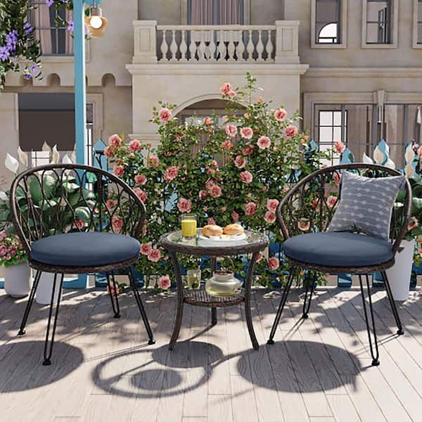 Unbranded 3-Piece Wicker Outdoor Bistro Set with Blue Cushion, Patio Furniture Set with Tempered Glass Side Table and 2 Chairs