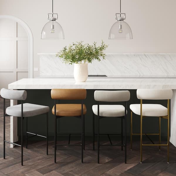 Dahlia 26 in. Mid-Century Modern Black Metal Counter Height Bar Stool with Back and Light Cream Boucle Seat (Set of 4)
