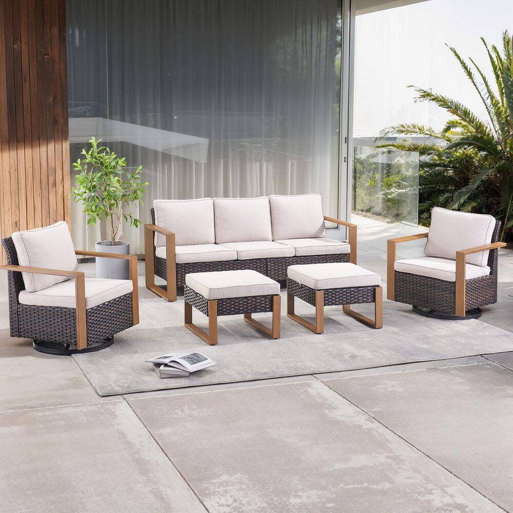 MetalWood 5-Piece Brown Wicker Patio Conversation Set with Swivel Gliders and 4.5 in. Olefin Beige Cushions price history on PriceWatchPro