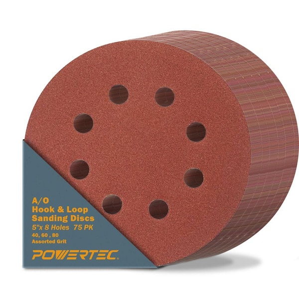 ‎POWERTEC 5 in. 8 Hole Hook and Loop Sanding Discs 40/60/80 Grits for Random Orbital, Palm, Air, DA and Pneumatic Sander (75-Pack)