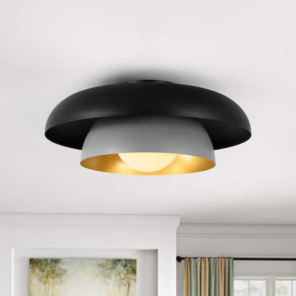 Y'INSP 18.11 In. 1-Light Black and Grey Modern Farmhouse Dome Flush Mount Ceiling Light with White Glass Shade No Bulb Included