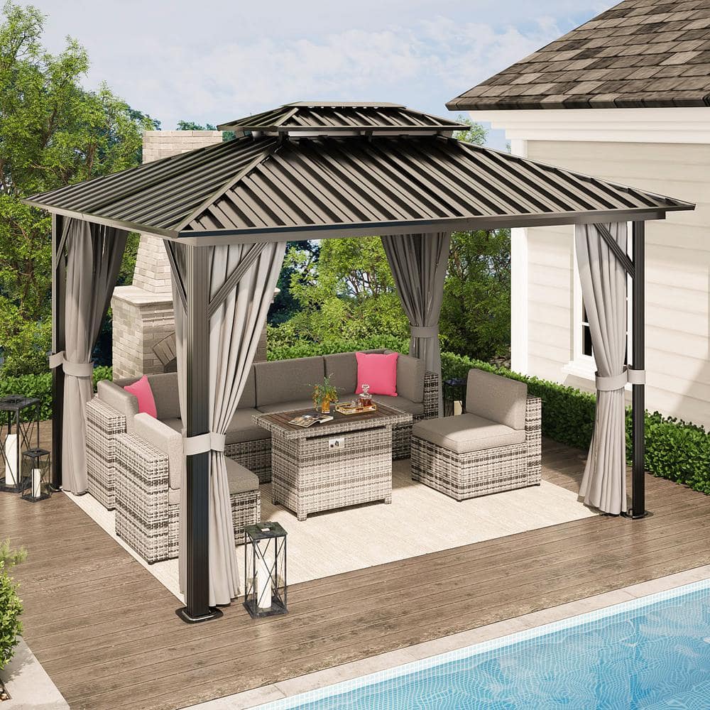 Sizzim 10 ft. x 13 ft. Hardtop Outdoor Double Roof Furniture Gazebo with  Netting&Curtains for Backyard Wedding Garden G30002 - The Home Depot