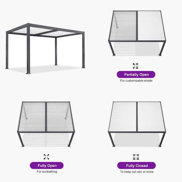 10.2 ft. x 14.2 ft. Gray Aluminum Outdoor Louvered Pergola with 2 White Individual Adjustable Roofs and In-Built Gutter