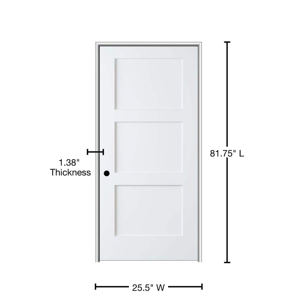 24" Primed MDF 3-Panel Right-Handed Interior Door with Satin Nickel Hinges