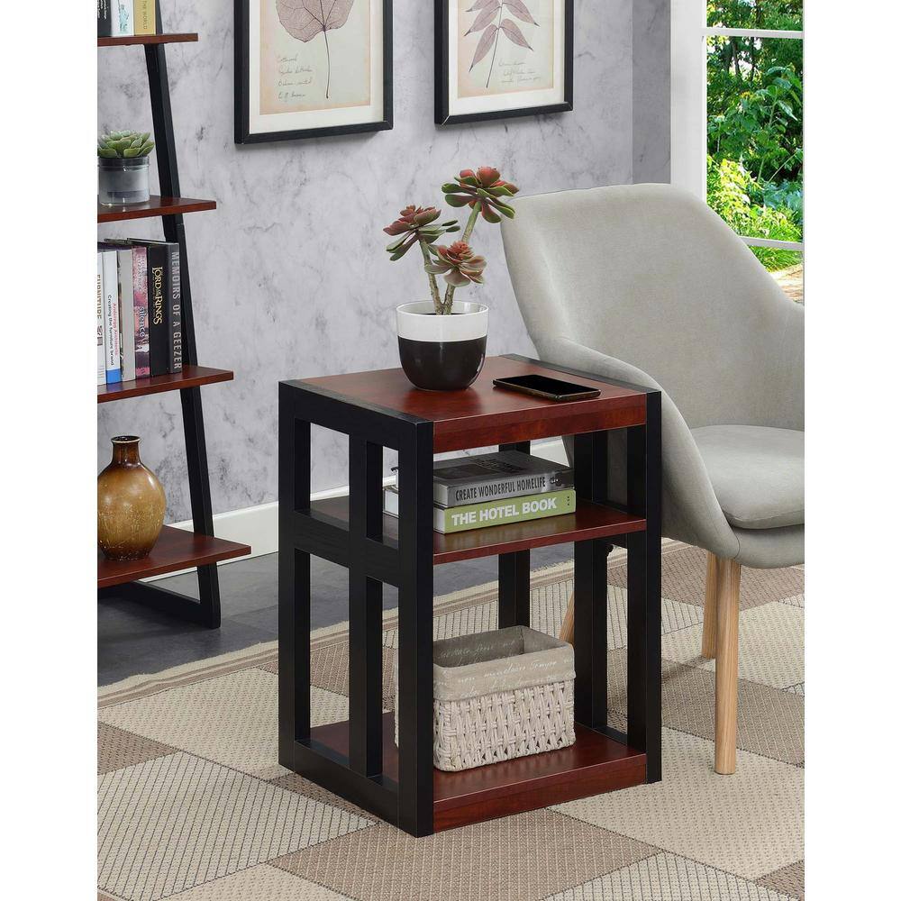 Cherry and Black Contemporary Rectangular End Table with 3 Shelves
