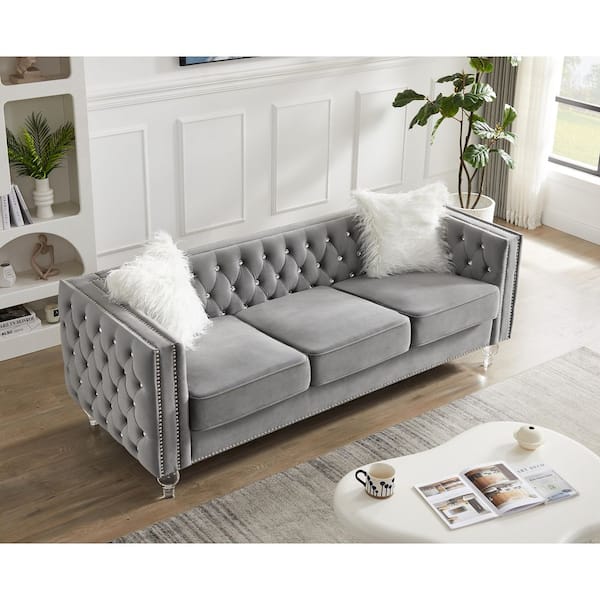 Mid-Century 83 in. Straight Arm Velvet Rectangle Adjustable Headrests Sofa in Gray