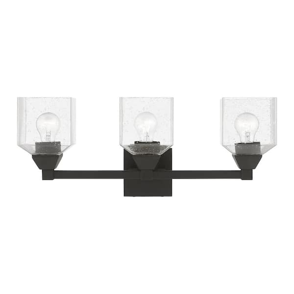 Livex Lighting Lansford 23 in. 3-Light Black Vanity Light with Clear Seeded Glass