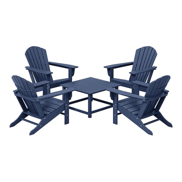 Altura Fade Resistant HDPE Plastic Navy Blue 5PC Adirondack Chair Outdoor Patio Conversation Set, Square Coffee Table