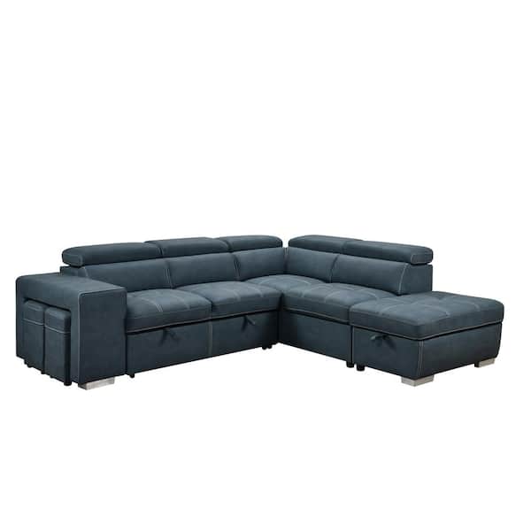 sumyeg 105 in. Square Arm Microfiber Sectional Sofa in Dark Blue with Pull-Out Bed, Storage Ottoman and 2 Stools